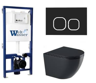 Унитаз с инсталляцией WeltWasser BAMBERG 525+MERZBACH 043 GL-BL+BAMBERG BL черный/кнопка черная, безободковый, с крышкой микролифт, слив торнадо