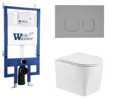Унитаз с инсталляцией WeltWasser BAMBERG 545+NESENBACH 004 GL-WT+BAMBERG CR белый/кнопка хром, безободковый, с крышкой микролифт