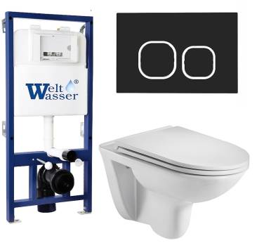 Унитаз с инсталляцией WeltWasser BAMBERG 525+BAARBACH 004 GL-WT+BAMBERG BL белый/кнопка черная, безободковый, с крышкой микролифт