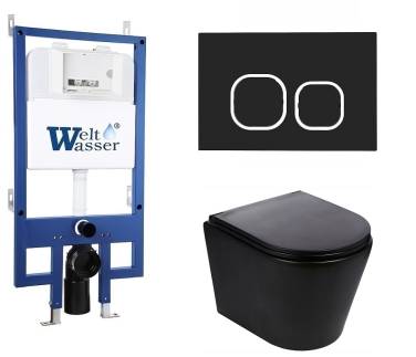 Унитаз с инсталляцией WeltWasser BAMBERG 545+SALZBACH 043 MT-BL+BAMBERG BL черный матовый/кнопка черная, безободковый, с крышкой микролифт, слив торнадо