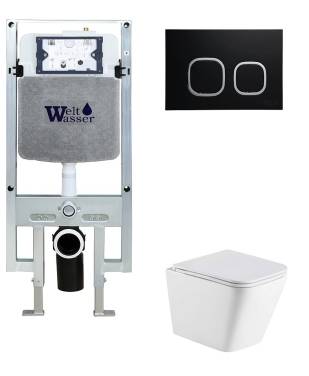 Унитаз с инсталляцией WeltWasser AMBERG 497 ST + GELBACH 043 MT-WT + AMBERG RD-BL белый матовый/кнопка черный-хром