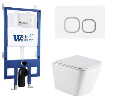 Унитаз с инсталляцией WeltWasser BAMBERG 545+GELBACH 043 MT-WT+BAMBERG WT белый матовый/кнопка белая, безободковый, с крышкой микролифт, слив торнадо