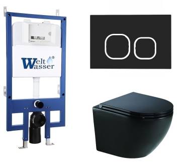 Унитаз с инсталляцией WeltWasser BAMBERG 545+MERZBACH 041 XL MT-BL+BAMBERG BL черный матовый/кнопка черная, безободковый, с крышкой микролифт, слив торнадо