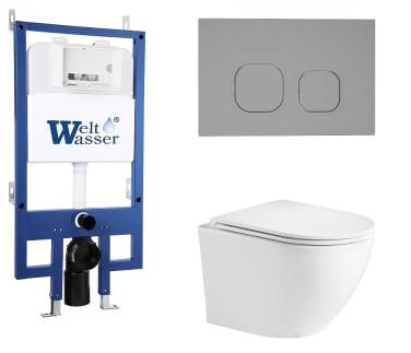 Унитаз с инсталляцией WeltWasser BAMBERG 545+MERZBACH 043 GL-WT+BAMBERG CR белый/кнопка хром, безободковый, с крышкой микролифт, слив торнадо