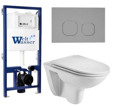 Унитаз с инсталляцией WeltWasser BAMBERG 525+BAARBACH 004 GL-WT+BAMBERG CR белый/кнопка хром, безободковый, с крышкой микролифт