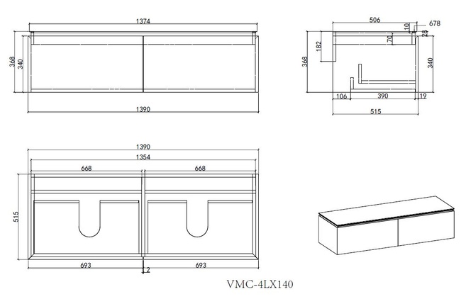 Vincea Luxe 1400 подвесная, 2 выкатных ящика soft close, натуральный орех