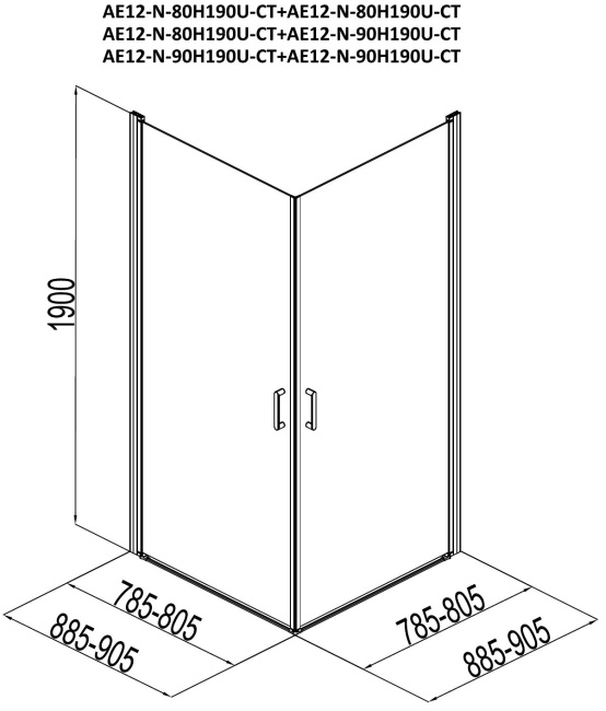 Aquanet Cinetic 80х90,прозрачное стекло (AE12-N-80H190U-CT + AE12-N-90H190U-CT) без поддона