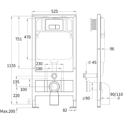 Унитаз с инсталляцией WeltWasser BAMBERG 525+BAARBACH 004 GL-WT+BAMBERG BL белый/кнопка черная, безободковый, с крышкой микролифт