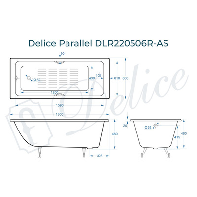 Delice Parallel 180х80 с ручками и антискользящим покрытием (в комплекте ванна с ножками, без слива-перелива)