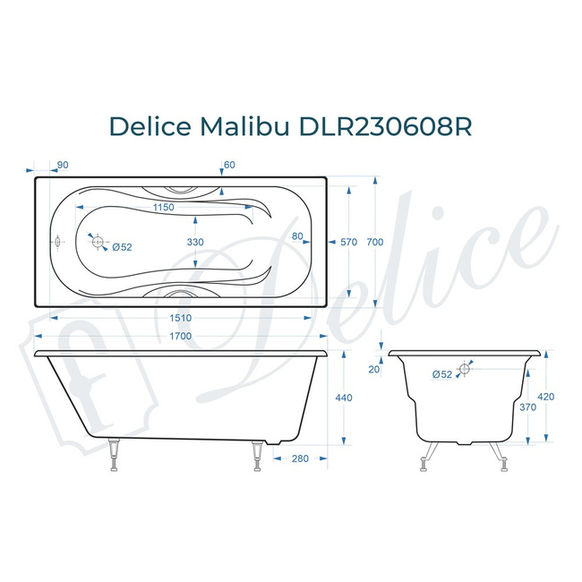 Delice Malibu 170х70 (в комплекте ванна с ручками хром, без ножек и слива-перелива)