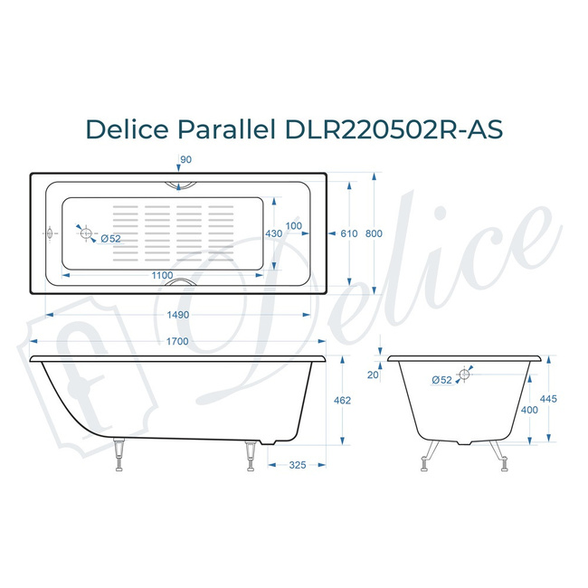 Delice Parallel 170х80 с ручками и антискользящим покрытием (в комплекте только ванна, без ножек и слива-перелива)