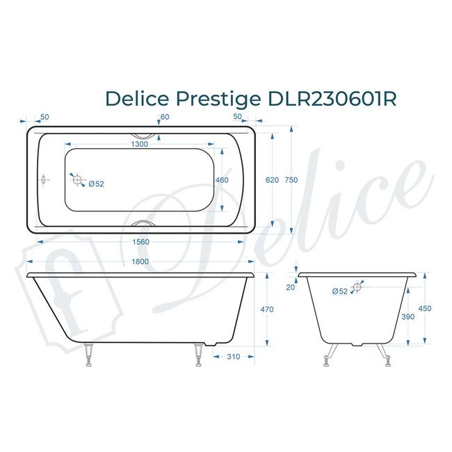 Delice Prestige 180х75 (в комплекте ванна с ручками хром, без ножек и слива-перелива)