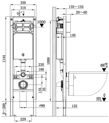Унитаз с инсталляцией WeltWasser AMBERG 350 + MERZBACH 043 MT-BL + AMBERG RD-BL черный матовый/кнопка черный-хром