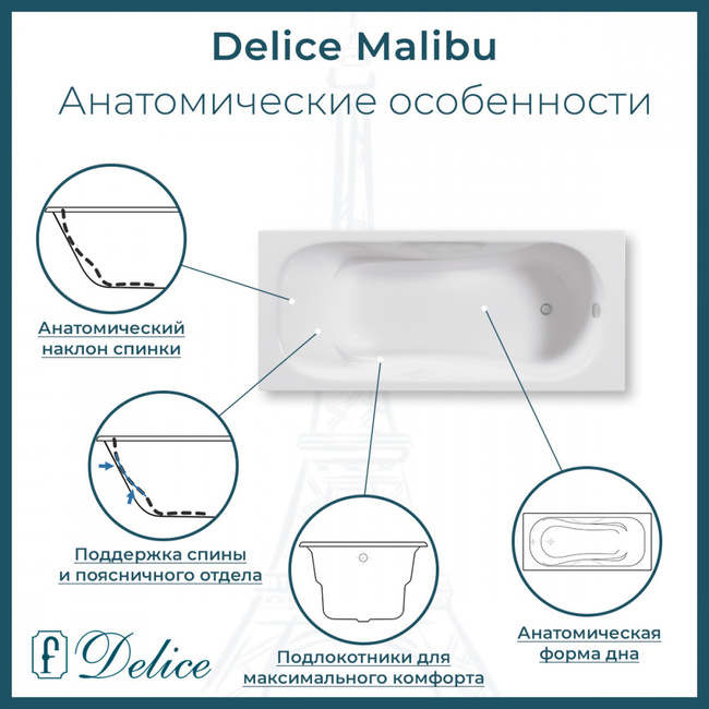 Delice Malibu 170х70 (в комплекте ванна с ручками хром, без ножек и слива-перелива)