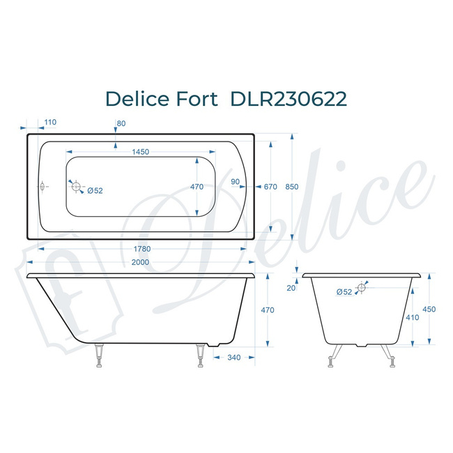 Delice Fort 200х85 (в комплекте ванна с ножками и сливом-переливом)