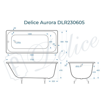 Delice Aurora 170х70 (в комплекте только ванна, без ножек и слива-перелива)